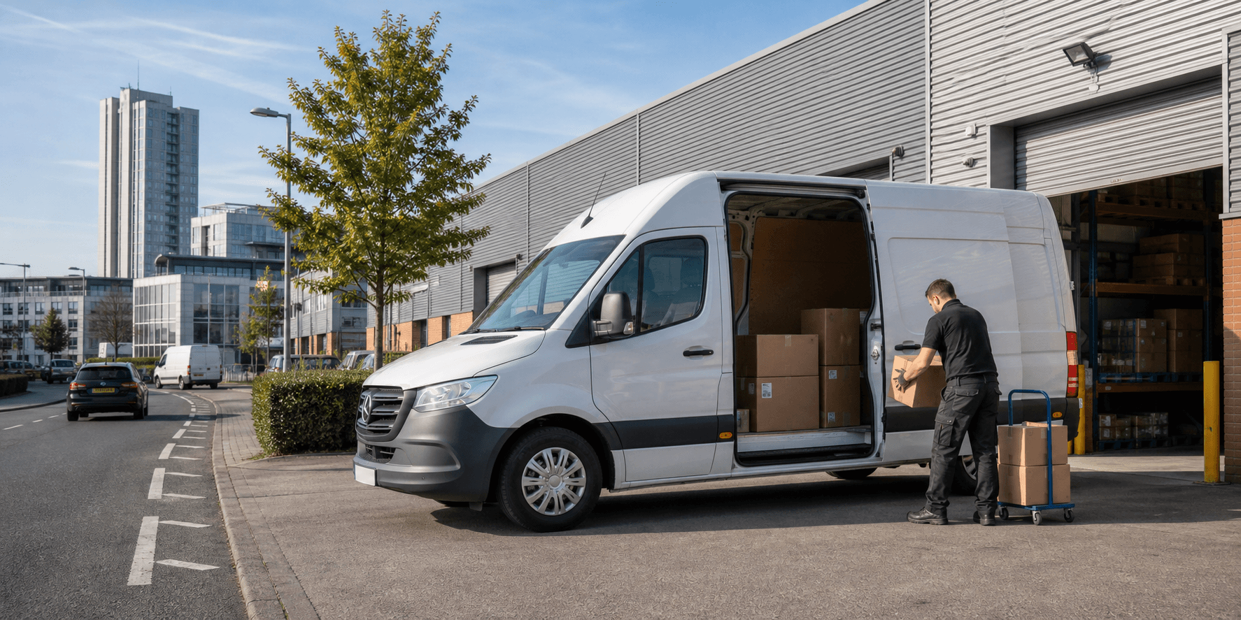 Modern self-drive rental van ready for loading in Croydon
